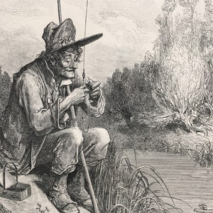 Rare! 1870 GUSTAVE DORE Print - &quot;The Little Fish and the Fisherman&quot; - Dore Wall Art - Dore Engraving - 153 Years Old - 9.2 x 12.2 Inches
