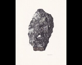 May include: A detailed black and white scientific illustration of an Anglesite mineral specimen. The drawing depicts a cluster of jagged, crystalline structures with varying shades of gray and black, labeled with the text Anglésite.