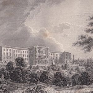 May include: A monochromatic engraving depicting a grand, multi-storey neoclassical palace with a symmetrical facade, numerous windows, and a central entrance. The building is surrounded by a landscaped park with mature trees, winding paths, and figures.