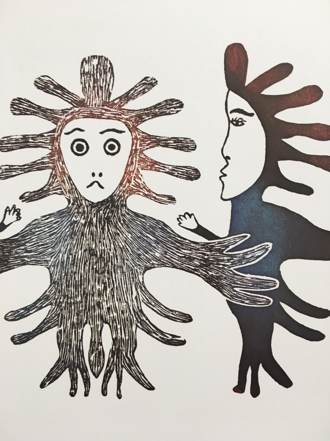 1974 INUIT ART birdmen Kakulu / Iyola Eskimo Wall Art Inuit Folk Art