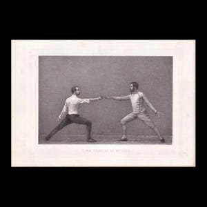 May include: A black and white vintage photograph depicting two fencers in a lunge position, wearing light-colored jackets and trousers, with their foils touching. The text below the image reads TIME THRUST IN OCTAVE in capital letters.