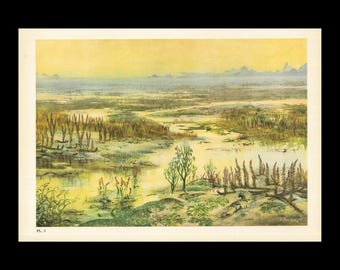 Large 1960 DEVONIAN PERIOD LANDSCAPE Print - Prehistoric Print - Paleoart - Paleontology Print - Dinosaur Print - 13.5 x 9.75 Inches