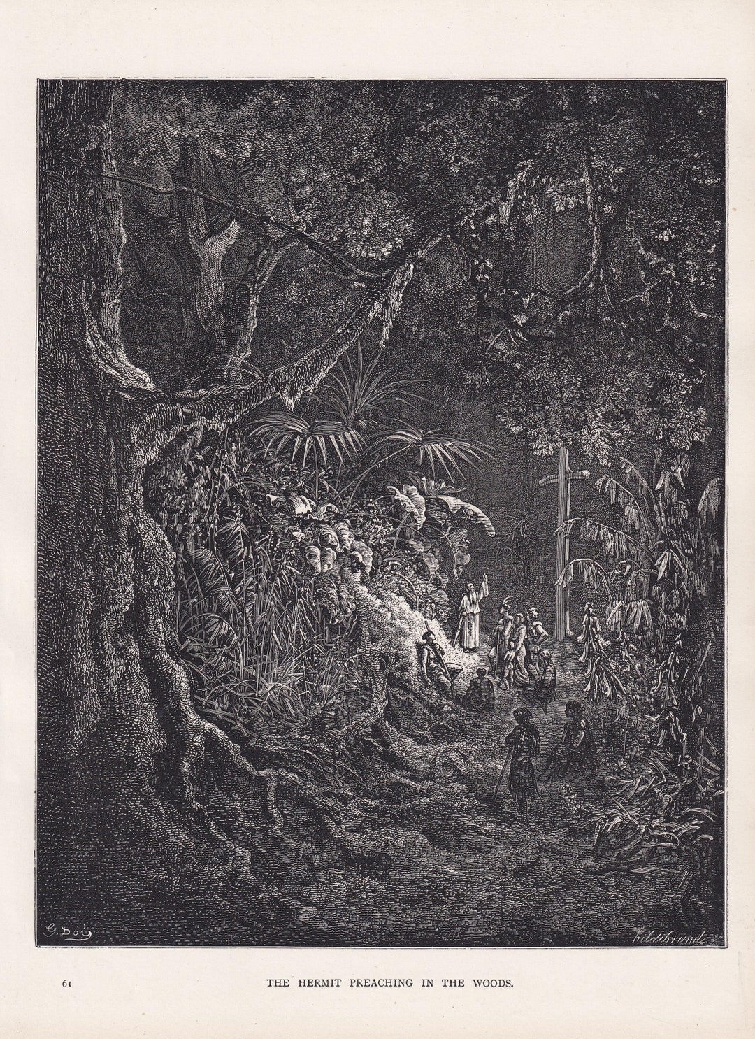 1870 GUSTAVE DORE Print the Hermit Preaching In The Woods Dore 