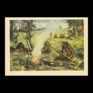 Large 1960 NEANDERTHAL TOOL USE Print - Prehistoric Man Print - Paleoart - Human Evolution Print - Neanderthal Art - 13.5 x 9.75 Inches