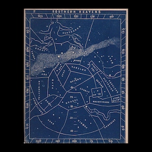 May include: A dark blue celestial map titled Southern Heavens, featuring white line drawings of constellations, stars, and labeled astronomical regions. The rectangular print includes numerical coordinates along the border and a central grid.