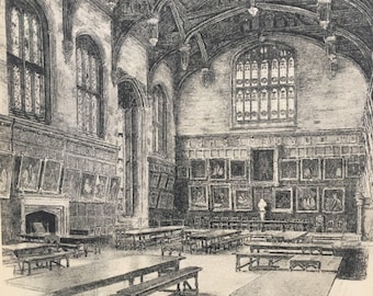 May include: A black and white ink illustration of a large hall with a high vaulted wooden ceiling, tall arched windows, and long wooden tables with benches. The walls are lined with numerous framed portraits, and a fireplace is visible on the left.