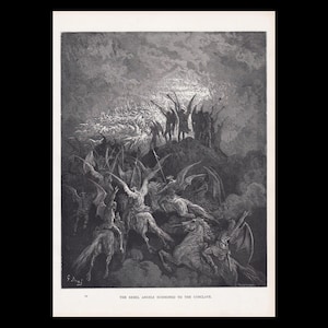May include: A black and white engraving titled THE REBEL ANGELS SUMMONED TO THE CONCLAVE, depicting winged figures on horseback and standing on a rocky peak beneath a bright, cloudy sky, with intricate line work and dramatic shading throughout.