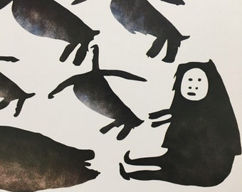 1974 INUIT ART - "Geese, man and animals" - Parr / Luktak - Eskimo Wall Art - Inuit Folk Art - Native Canadian Art - 9.8 x 9.8 Inches