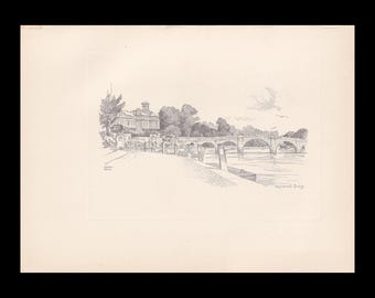 1929 RICHMOND BRIDGE - Antique Surrey Print - Surrey Drawing - Surrey Wall Art - Surrey Gift Idea - 10.15 x 7.25 Inches