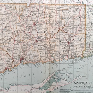 1903 Groot CONNECTICUT & RHODE ISLAND - kaart Amerikaanse staten - kaart Amerika - Amerikaanse cartografie - kaartmuurkunst - 120 jaar oud