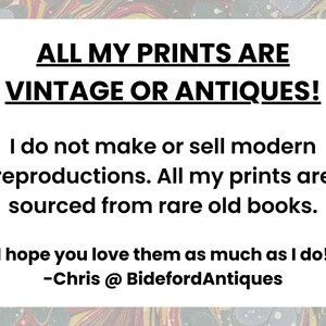 ALL MY PRINTS ARE VINTAGE OR ANTIQUES! I do not make or sell modern reproductions. All my prints are sourced from rare old books. I hope you love them as much as I do! - Chris @ BidefordAntiques