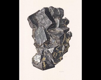 May include: A detailed illustration of a galena mineral specimen featuring dark gray, metallic, cubic crystal formations with sharp edges and reflective surfaces. The cluster displays complex geometric facets and deep shadows, with the word Galena printed in small, light-colored text at the bottom right corner of the artwork.