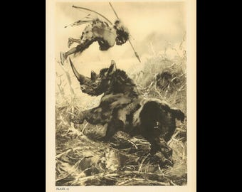 May include: A sepia-toned vintage book plate illustration titled Plate 27, depicting a rhinoceros in a grassy landscape with a figure leaping above it while holding a spear and bow. The artwork features high-contrast shading and detailed line work.