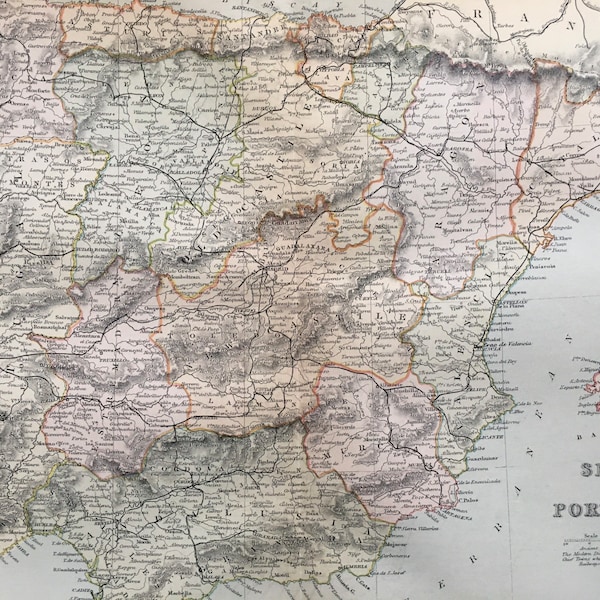 CARTE DE L'ESPAGNE ET DU PORTUGAL 1891 - Carte de l'Europe ancienne - Histoire de l'Espagne, cartographie - Gravure ancienne - Plus de 130 ans