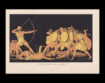 1880 ULISES MATANDO A LOS PRETENDIENTES - Lámina - Odiseo - Mitos griegos, Odisea - 7,5 x 5 pulgadas