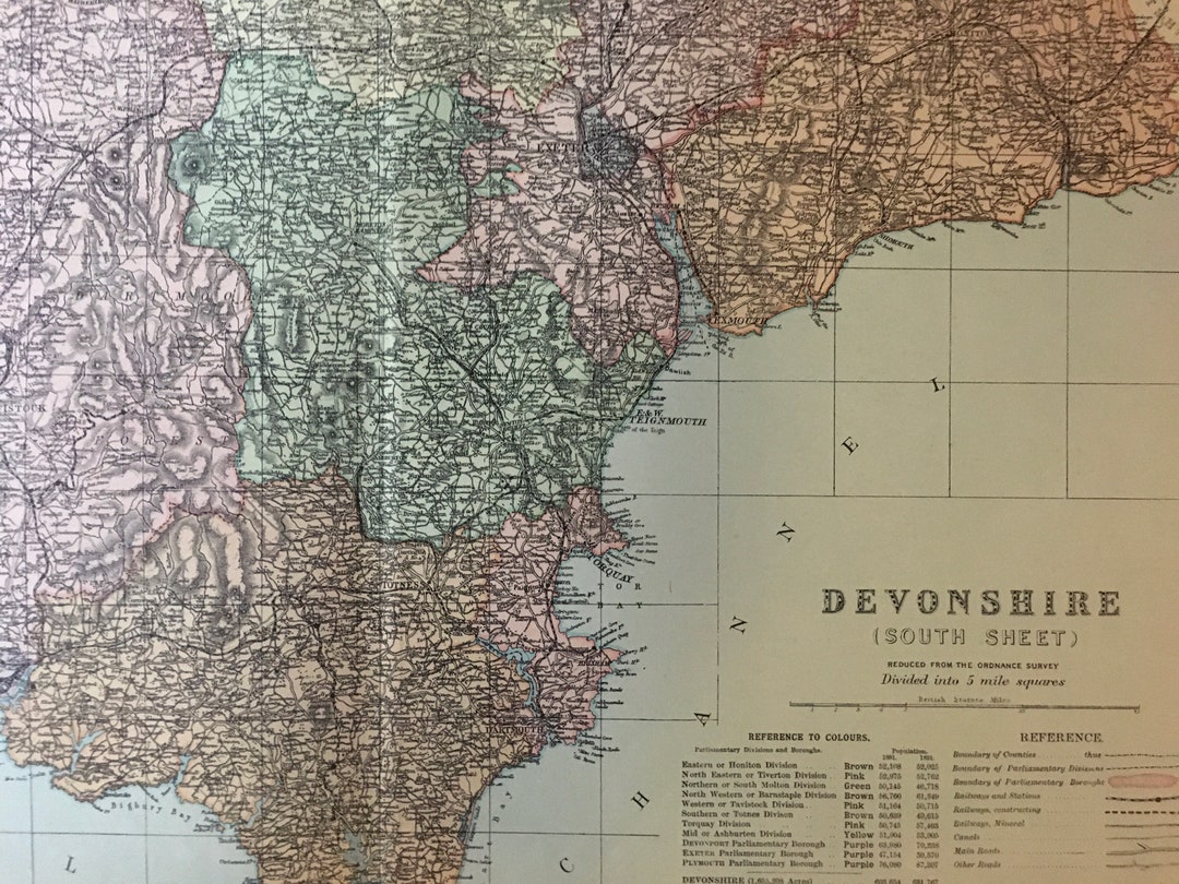 1895 Large SOUTH DEVON MAP Original Antique Map of Devon Cartography ...