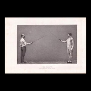 May include: A black and white vintage photograph depicting two fencers in traditional gear, each holding a foil. The text below reads THE SALUTE Recognition to the right. The fencers are positioned facing each other, demonstrating a formal fencing stance.
