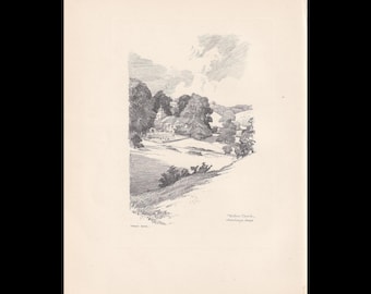1929 WOTTON CHURCH - Antique Surrey Print - Surrey Drawing - Surrey Wall Art - Surrey Gift Idea - 10.15 x 7.25 Inches