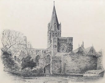 1934 OXFORD - CHRIST CHURCH Cathedral, from the Garden, by W.G Blackall - Print - Oxford University Print - 7.5 x 9 Inches