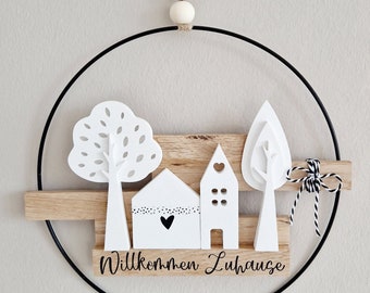 Decorative tree ring, metal ring in black or white with wooden blocks and Raysin light-up tree decorations, 5 inscriptions - door wreath - wall decoration