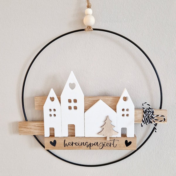 Decorative metal ring black loop with wooden blocks and Raysin light houses - 7 inscriptions to choose from - door wreath - wall decoration