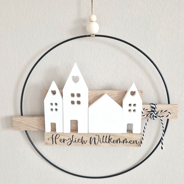 Decorative metal ring black loop with wooden blocks and Raysin light houses to choose from 7 inscriptions - door wreath - wall decoration