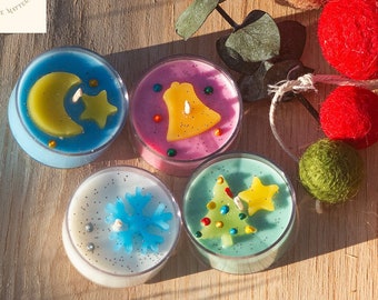 Christmas Tealights Candles Set - Snowflake, Christmas Tree, Bell, Moon & Star - Glitter Decorations