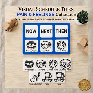 May include: A blue plastic board with six white square tiles featuring black icons and text for Throat/Teeth, Ear Ache, and Head Ache. Additional loose tiles show Tummy Ache, Finger/Splinter, Wee, and Poop. The board displays the text NOW, NEXT, THEN.