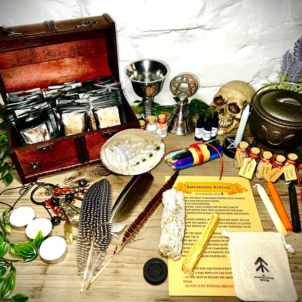 Kit de démarrage de sorcière moyenne - AVEC 100 SORTS ! - 64 articles - ensemble d'articles de wicca et de sorcellerie pour débutants - frais de port au Royaume-Uni gratuits et cadeau gratuit !