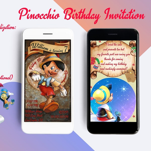 Pinocchio Compleanno Mobile Invito / Ragazzo Compleanno Bambini Invito / Magico rosso Party Digital Invite / Thank You Card Picture Digital