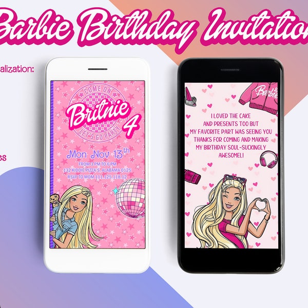 Barbie Birthday Mobile Invitation | Girls Birthday Kids Invite | Magic Party Digital Invite | Thank You Card Picture Digital