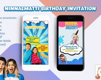 Invito mobile NINNA E MATTI / Invito per bambini di compleanno per ragazze / Invito digitale per festa Ninna e Matti / Immagine digitale del biglietto di ringraziamento