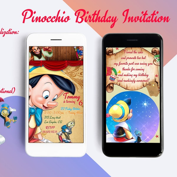 Pinocchio Compleanno Mobile Invito / Ragazzo Compleanno Bambini Invito / Magico rosso Party Digital Invite / Thank You Card Picture Digital