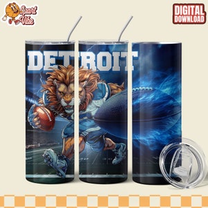 Detroit 20 Oz Tumbler Wrap PNG with American Football Team Mascot Digital Download for creating Fan Gift Skinny Tumbler, Commercial Use