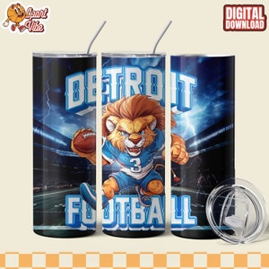 Detroit 20 Oz Tumbler Wrap PNG with American Football Team Mascot Digital Download for creating Fan Gift Skinny Tumbler, Commercial Use