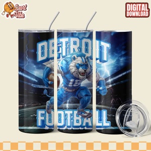 Detroit 20 Oz Tumbler Wrap PNG with American Football Team Mascot Digital Download for creating Fan Gift Skinny Tumbler, Commercial Use