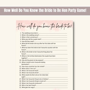 Bridal Shower Game | Printable Hen Party Game | How Well Do You Know the Bride?