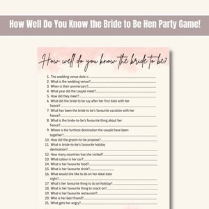 Bridal Shower Game | How Well Do You Know the Bride (Printable Digital Download)