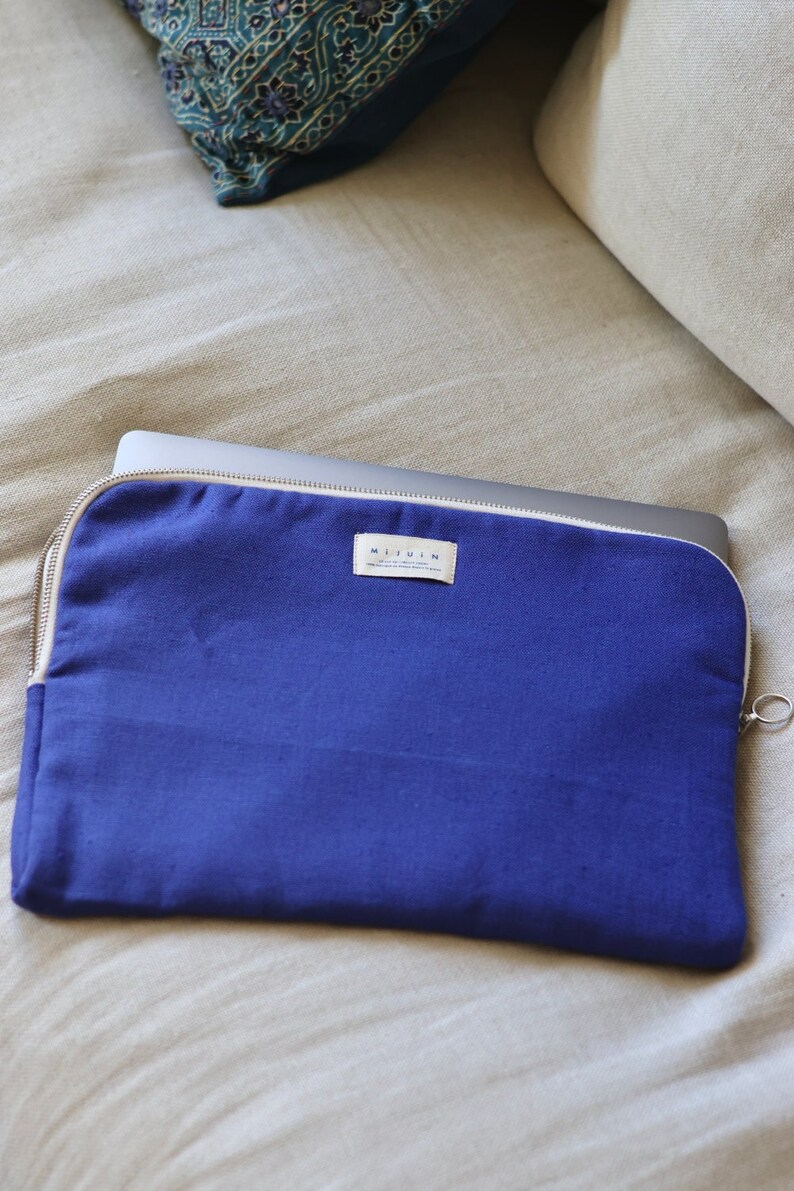 Blue linen laptop bag image 1