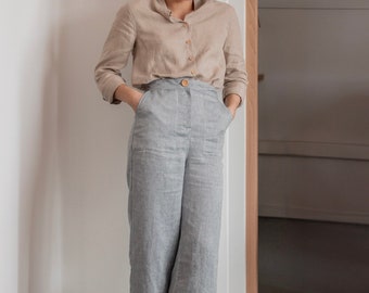 Loose blue linen pants - Women