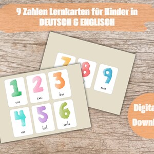 子供の数字のためのバイリンガル フラッシュ カード |ドイツ語と英語 |モンテッソーリカード |フラッシュカードの数字 |デジタルダウンロード |水彩画