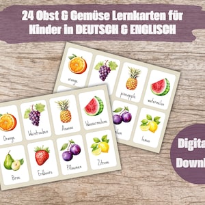 Zweisprachige Lernkarten für Kinder Obst und Gemüse| Deutsch und Englisch| Montessori | Flashcards Vegetables & Fruits | Digitaler Download