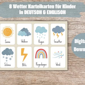 Lernkarten für Kinder Thema Wetter | in Deutsch & Englisch | Montessori | Flashcards Weather | Karteikarten zum lernen | Digitaler Download