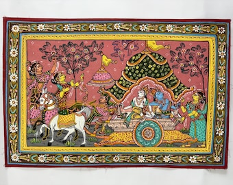Pattachitra painting Mathura Vijay story of lord Krishna Balaram pattachitra handpainting - 18x12 inches.