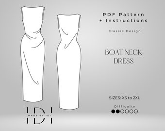 PDF Sewing Pattern Dress Midi Dress Boat Neck Dress Straight Neck Dress Summer Dress Casual Dress Sewing Pattern