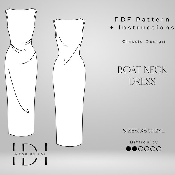 PDF Sewing Pattern Dress Midi Dress Boat Neck Dress Straight Neck Dress Summer Dress Casual Dress Sewing Pattern