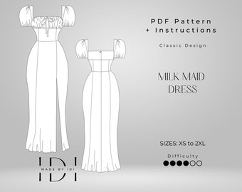 PDF Sewing Pattern Milkmaid Dress Romantic Dress Midi Dress for Wedding Guest Summer Dress Sewing Pattern Cottage Core Dress