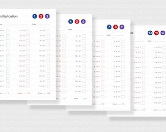 May include: Four worksheets for practicing multiplication facts. Each worksheet features a different set of numbers, from 1 to 3, 4 to 6, 7 to 9, and 10 to 12. Each worksheet has 12 multiplication problems with a space for the answer. The worksheets are titled "Multiplication".
