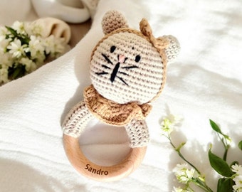 Crochet animal rattles - Cotton amigurumi rattles - Wooden toys for babies - Ideal personalized birth gift - Educational toys