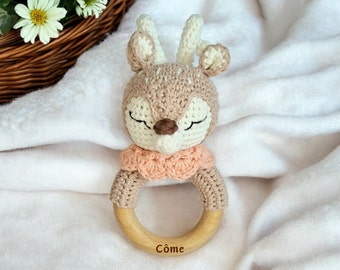 Crochet animal rattles - Cotton amigurumi rattles - Wooden baby toys - Ideal personalized birth gift - Early learning toys